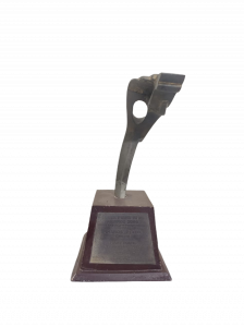 Award trophy featuring a stylized printing screen on a wooden base, representing the National Award for Excellence in Screen Printing 2002 won by Rhanos