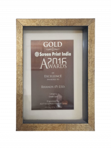 Framed Screen Print India Gold Award certificate for Excellence in the Credit Card category, awarded to Rhanos in 2016.