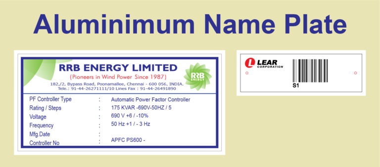 Custom-designed industrial name plates, one for RRB Energy Limited detailing power factor controller specifications, and another with a barcode for Lear Corporation.