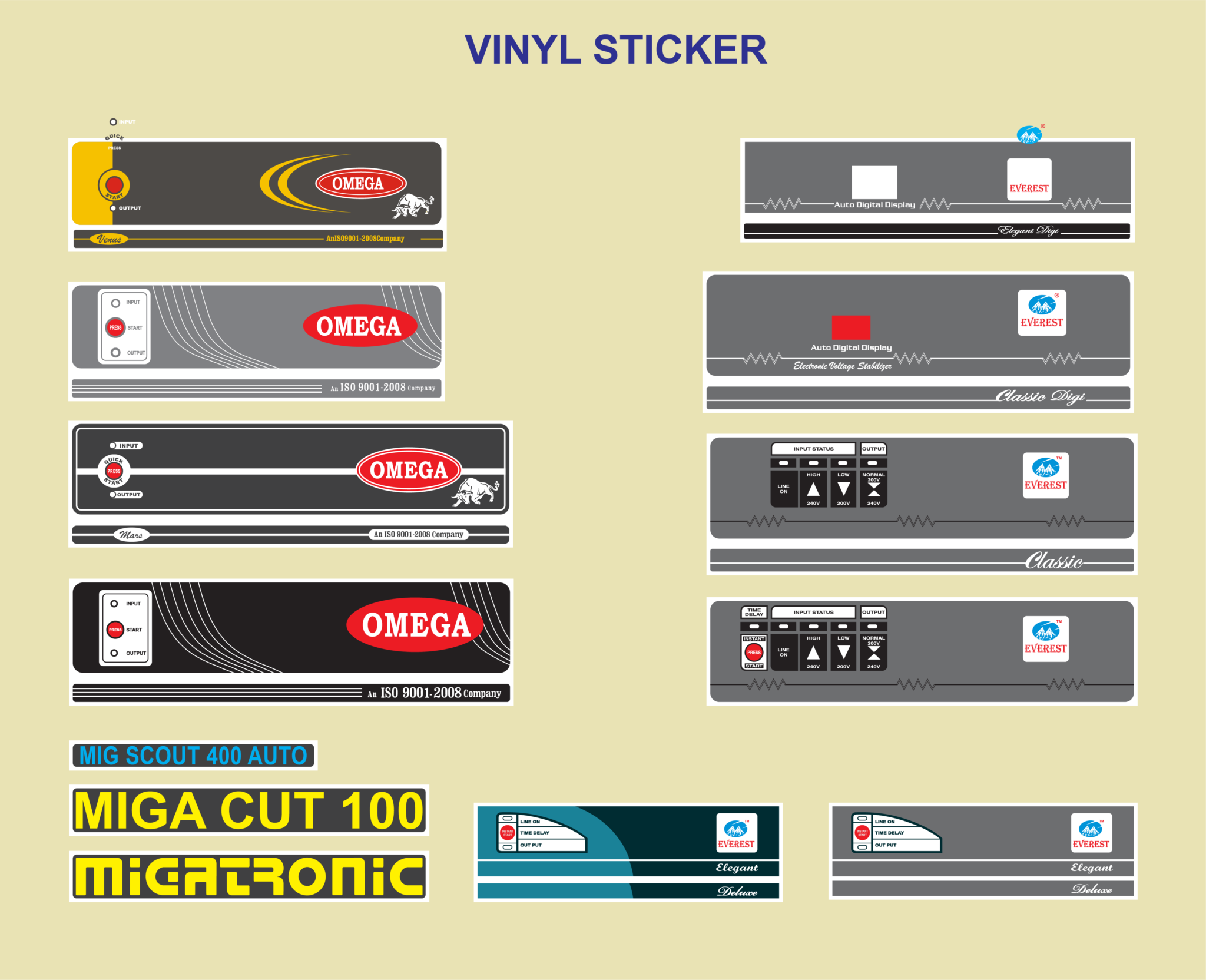 A selection of vinyl sticker printing designs showcasing various branding elements and control panel interfaces for industrial machinery.