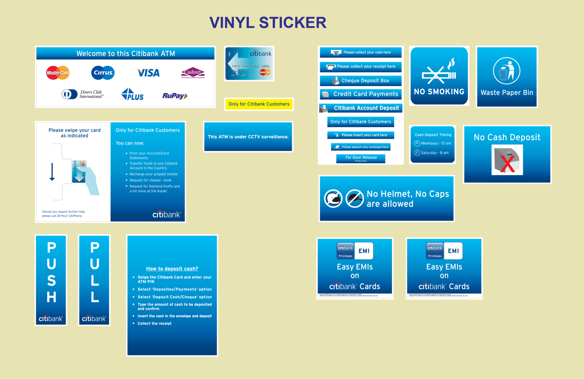 A collection of vinyl sticker printing samples for ATM instructions and notices, featuring card network logos, cash handling directions, and safety reminders.