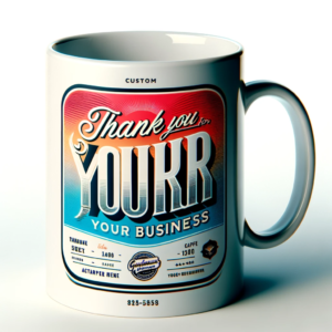 A white ceramic mug with custom transfer printing, featuring a retro design that reads 'Thank you for your business' against a gradient background