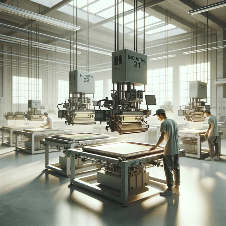Workers operating advanced industrial screen printing machines in a spacious, sunlit factory, highlighting the precision of modern print technology.