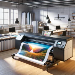 Large format printer in a professional print studio, producing a high-quality landscape image, showcasing the capabilities of large scale printing technology.