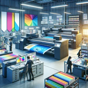 Busy modern print factory with employees operating advanced large-format printers, producing vibrant banners and quality prints