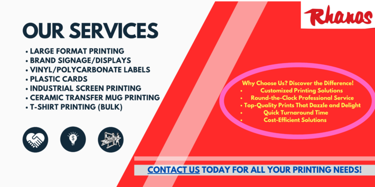 Eye-catching homepage banner for Rhanos showcasing a list of services including large format printing, industrial screen printing, T-shirt printing and ceramic transfer mug printing, with a call-to-action for printing needs.